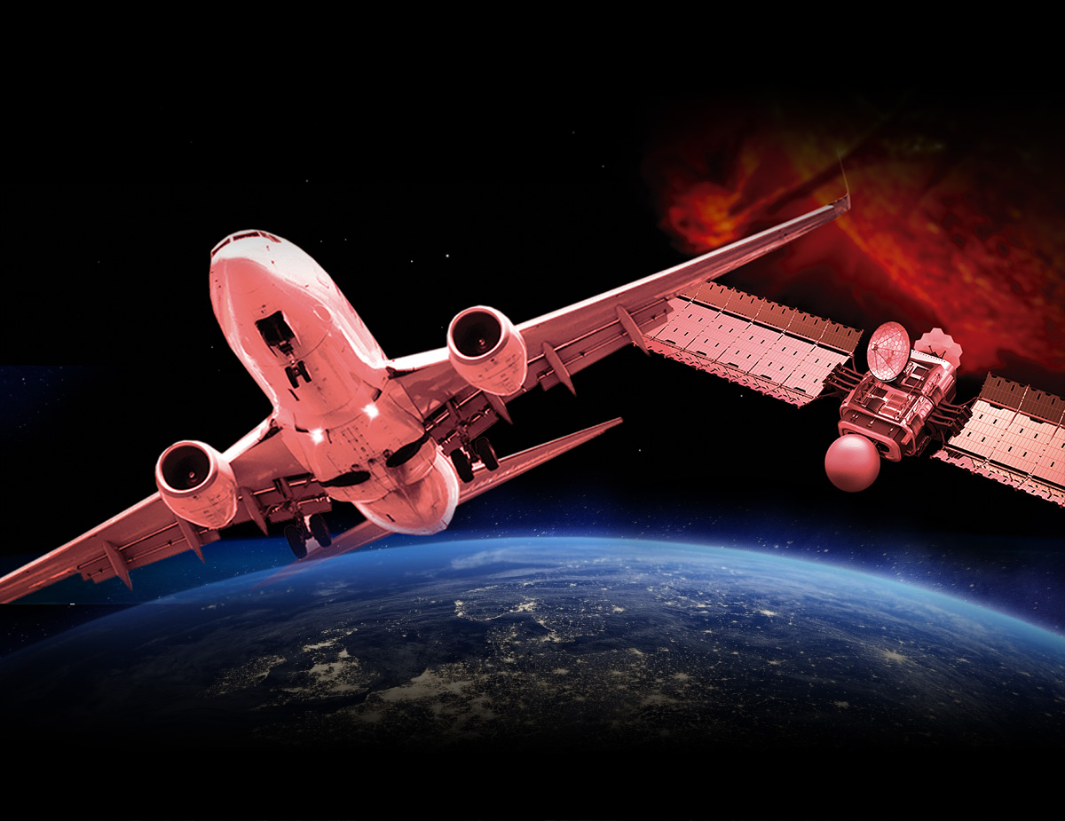 Avión y satélite en el espacio, ilustración del grupo de investigación